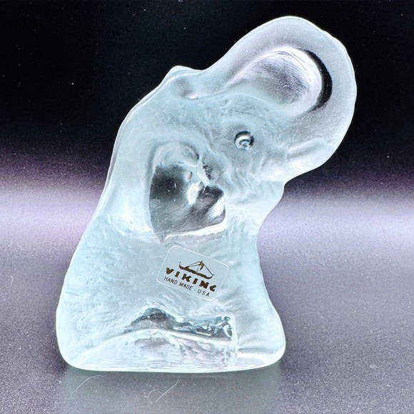 Viking Glass Elephant Head Figurine Frosted Blue Satin Art Glass Handmade USA - Picture 2 of 7